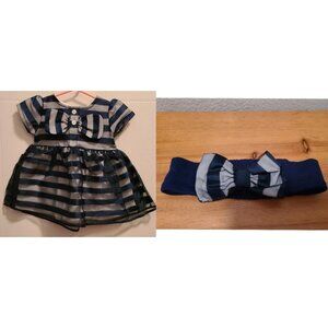 Wendy Bellissimo Blue Striped Overlay Girls‎ Dress/Bow Headband Combo Sz 6 Mos
